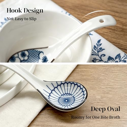 Image of DOWAN Soup Spoons, Asian Ceramic Soup Spoon, with Long Handle Easy to Hold, Non-slip Bottom, Japanese Spoon for Ramen Pho Wonton Dumpling Miso, Set of 4