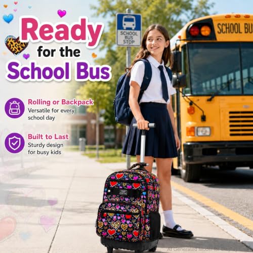 Image of 3Pcs Rolling Backpack for Girls, 19 Inche Women Roller Bag with Wheels for Adults, Wheeled Bookbag with Lunch Box(Brown)