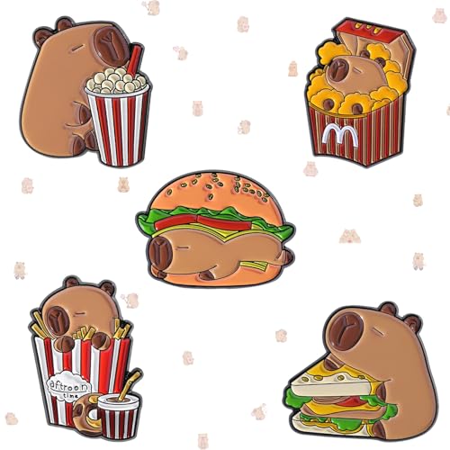 Image of 5Pcs Cartoon Capybara pin, Cute Animal Enamel Pin, Birthday Cake Donut Coffee Corn Roll Lapel Pin Alloy Backpack Pin Enamel Badge Suitable for Daily Decoration Clothes Sweater Hat Bag Collection Party Gift