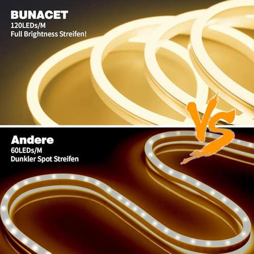 BUNACET Neon LED Strip Warmweiss 8M 24V, LED Streifen Dimmbar 3000K, IP67 Wasserdicht Neon Schlauch Lichtband Flexibel LED Band mit Fernbedienung und Netzteil, Silikon Lichtleiste für Innen Aussen