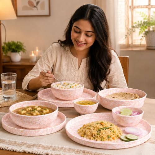 Image of MARKET 99 Minto Light Pink Stoneware Dinner Set, 14 Pieces for 4 Persons with 4 Dinner Plates, 4 Quarter Plates, 4 Soup Bowls (250ml) & 2 Serving Bowls (650ml), Glossy Tableware