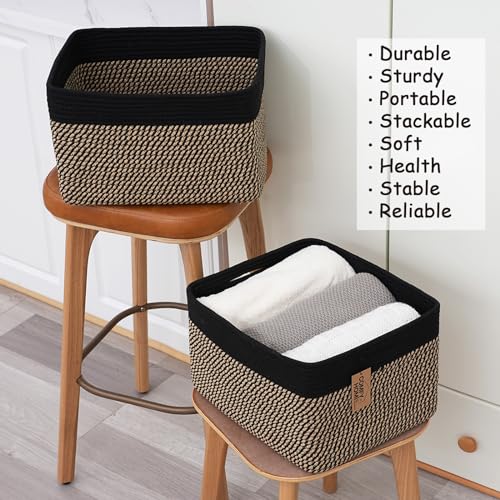 Image of COMFY-HOMI 3PACK Cotton Rope Square Basket with Handles for Shelves|Dog Toy Bin and Storage|Baby Gift|Shoe Organizer|New 13.5 inch x 11 inch x 9.5 inch for Living Room (Black /Jute)