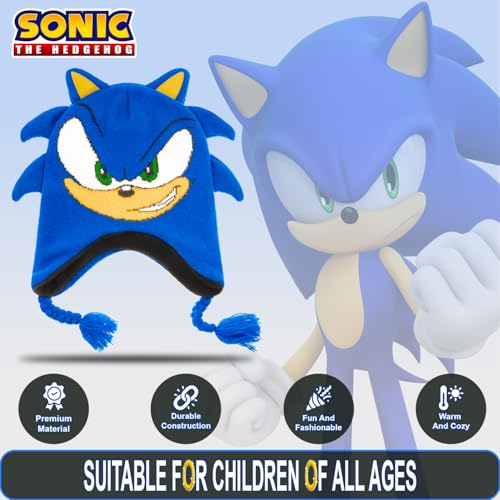 Image of Sonic The Hedgehog Winter Hat and Gloves Set - Blue Sonic Hat for Boys Ages 5-13 - Winter Hat with Scarf and Glove Set