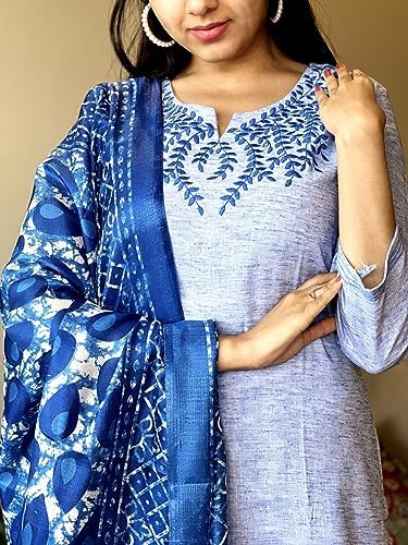 Image of Leaf Embroidered 3 /4 Sleeve Cotton Kurti Pant Set with Dupatta for Women
