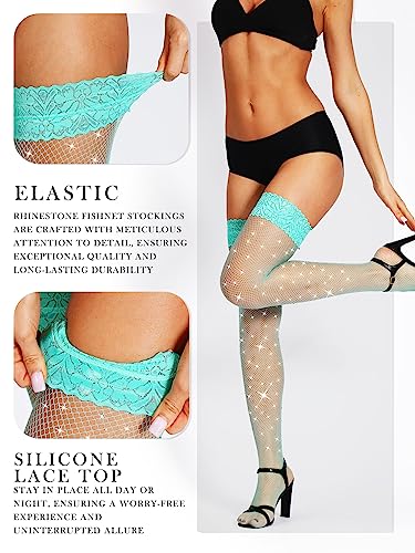 Image of SUREPOCH Sparkly Rhinestone Fishnet Thigh High Stockings for Women Silicone Lace Top