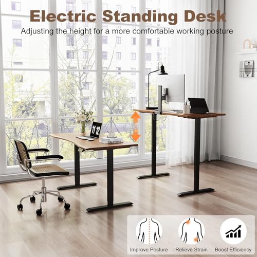 Image of Solid Wood Electric Standing Desk 55 inchx23.6 inchHome Office Desk,Adjustable Workbench with 3 Stages Single Motor, Computer Workstation with T-Shaped Metal Bracket,Walnut Standing Desk for Gaming(1 Box)
