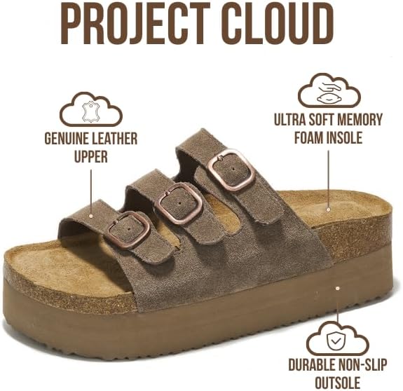 Project Cloud 100% Genuine Leather Platform Sandals Women Footwear - Comfortable Womens Slides Memory Foam Insole - Non Slip Water-Resistant 3-Strap Wedge Sandals for Women 2026 (Dyan) - Image 3