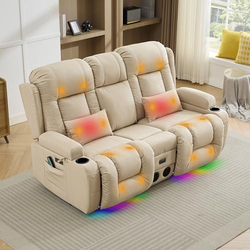 TUNYI Wall Hugger Power Loveseat Recliner - RV Reclining Loveseat with Console Theater Seating RV Recliner Sofa with USB/Outlet//Cup Holder/LED Light/Side Pocket (Beige, Loveseat)