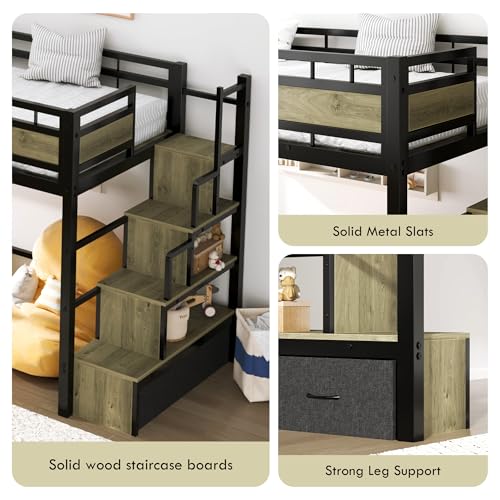soges Twin Size Metal Loft Bed with Storage Stairs & Drawers,Space-Saving Heavy-Duty Bed Frame for Teens and Junior, No Box Spring Needed, Easy Assembly, Black - Thumbnail 6
