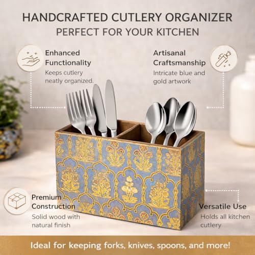 Image of Wooden Kitchen Cutlery Holder with 2 Compartments | Cutlery Stand for Dining Table | Spoon Stand | Black