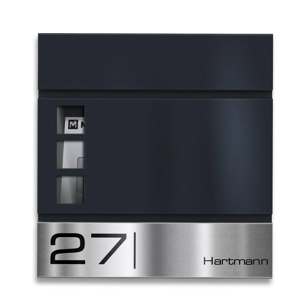 Metzler Boîte aux Lettres Anthracite RAL 7016 en Acier avec fenêtre – Plaque Nominative en INOX gravée au Laser – avec Compartiment à journaux – Boîte Postale avec hublot – Modèle Oltmann