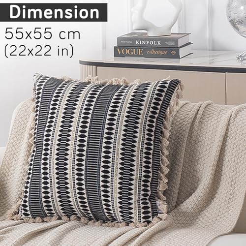 Image of HOKIPO 'Artisan Boho Series' Sofa Cushion Covers | 450 GSM Cotton Acrylic Jacquard | Tassel Design | 22x22 Inch (55x55 cm) | Pack of 2, Charcoal Black (IN-906-A3*2)