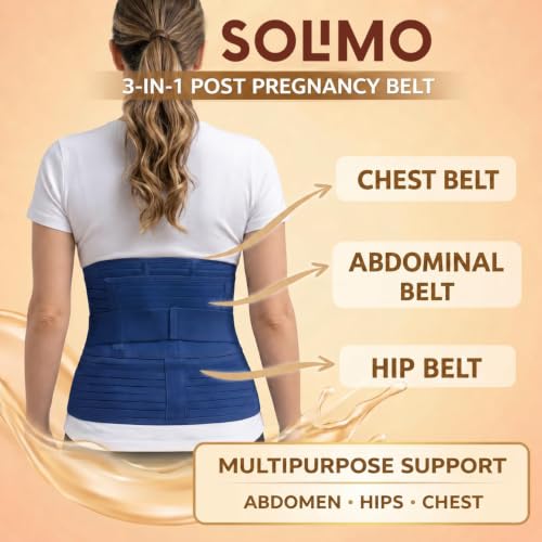 Image of Amazon Brand - Solimo 3-In-1 Postpartum Belly Band Post Pregnancy Abdominal Belt After Delivery Waist & Pelvis Slimming Shapewear Tummy Reduction (Free Size) (Navy Blue)