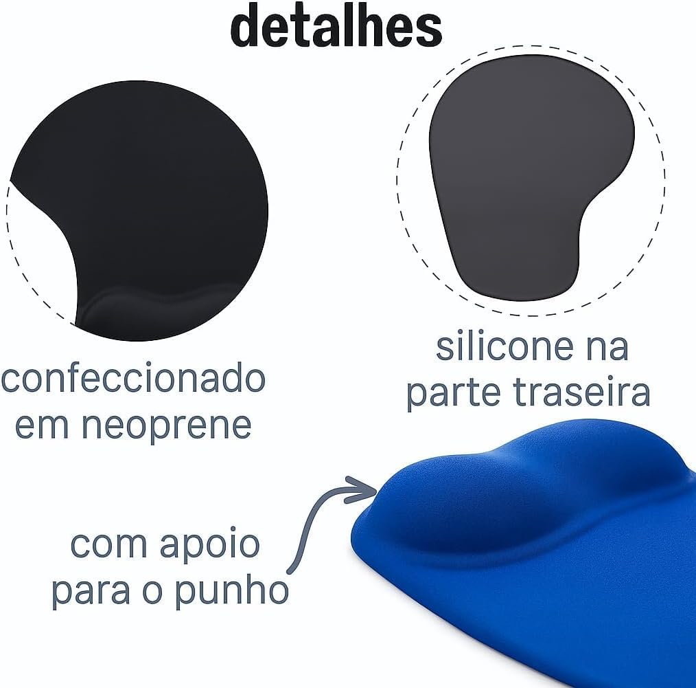 Mouse Pad Ergonômico com Apoio de Punho em Gel, Antiderrapante, para Escritório e Games, Preto