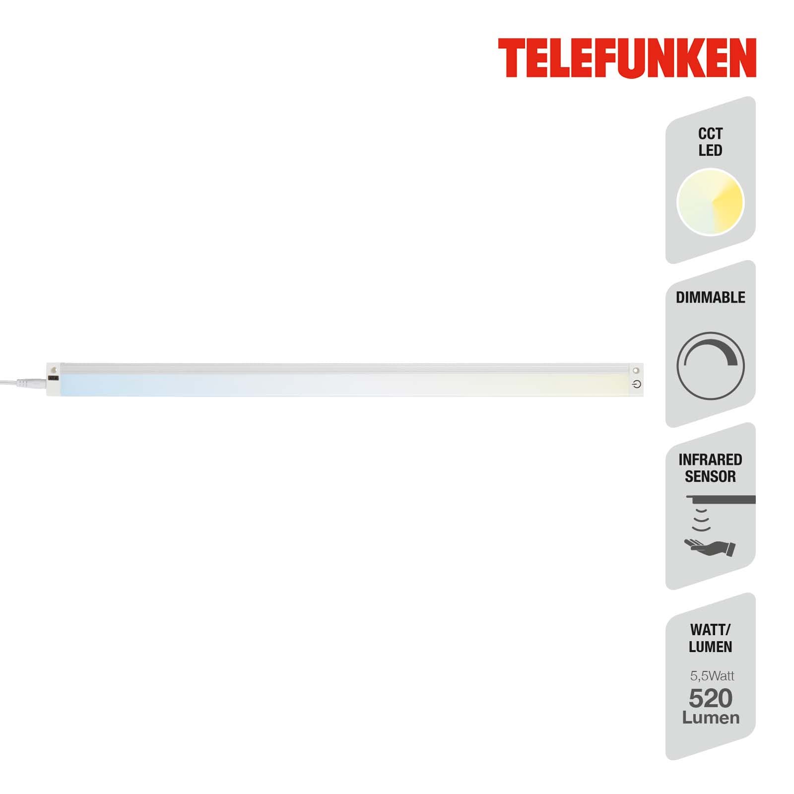TELEFUNKEN - Lampa podszafkowa LED, ściemniana, 50 cm, do kuchni, listwy LED, szafka kuchenna, lampa warsztatowa, przełącznik podczerwieni, regulowana barwa światła, 5,5 W, 520 lm, biała