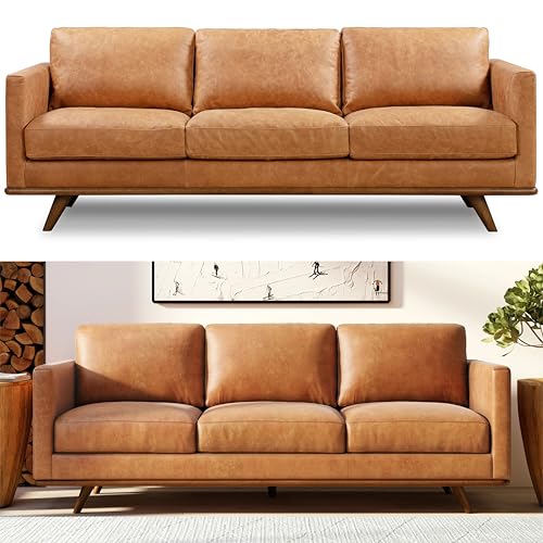 POLY & BARK Nolita 85” Leather Sofa – Full-Grain Italian Aniline Leather, Feather-Down Comfort, Solid Wood Base – Cognac Tan