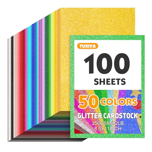 TUXIYA 100 Sheets 8.5" X 11" Glitter Cardstock,50 Assorted Colors