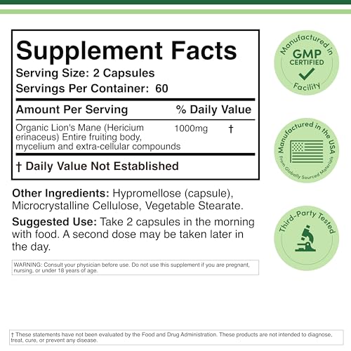 Organic Lions Mane Mushroom Capsules (120 Count), for Focus Support and Immune Health, Third Party Tested and Grown in The USA - by Double Wood