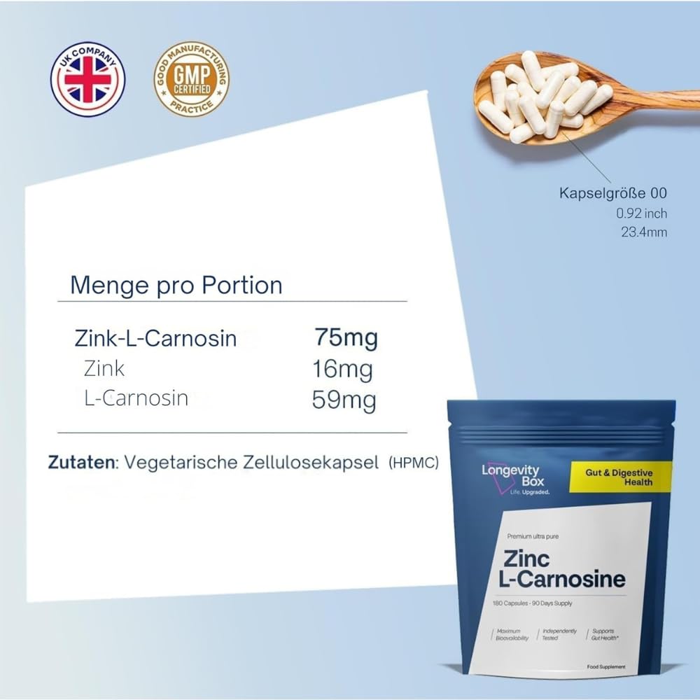 Zink-L-Carnosin 180 Kapseln 75 mg – Magen-Darm-Komplex, Magenschutz & Nährstoffaufnahme, 3 Monate, 98 % rein, Laborgeprüft, Vegan