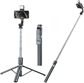 Tripé e Bastão de Selfie 2 em 1 com Controle Remoto Bluetooth – Extensível até 1,70m, Aço Inoxidável, Rotação 360°, Tripé Dobrável, Ideal para Celulares, Viagens e Vlogs – Preto