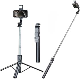 Tripé e Bastão de Selfie 2 em 1 com Controle Remoto Bluetooth – Extensível até 1,70m, Aço Inoxidável, Rotação 360°, Tripé Dobrável, Ideal para Celulares, Viagens e Vlogs – Preto