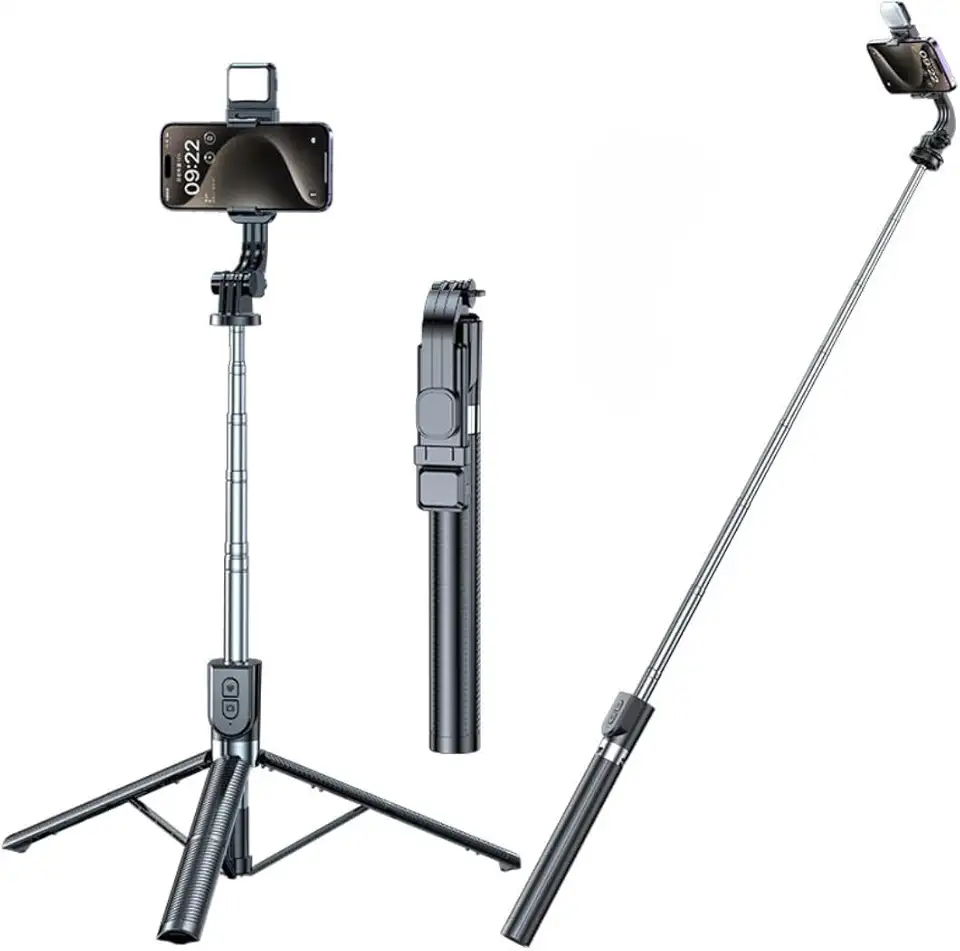 Tripé e Bastão de Selfie 2 em 1 com Controle Remoto Bluetooth – Extensível até 1,70m, Aço Inoxidável, Rotação 360°, Tripé Dobrável, Ideal para Celulares, Viagens e Vlogs – Preto