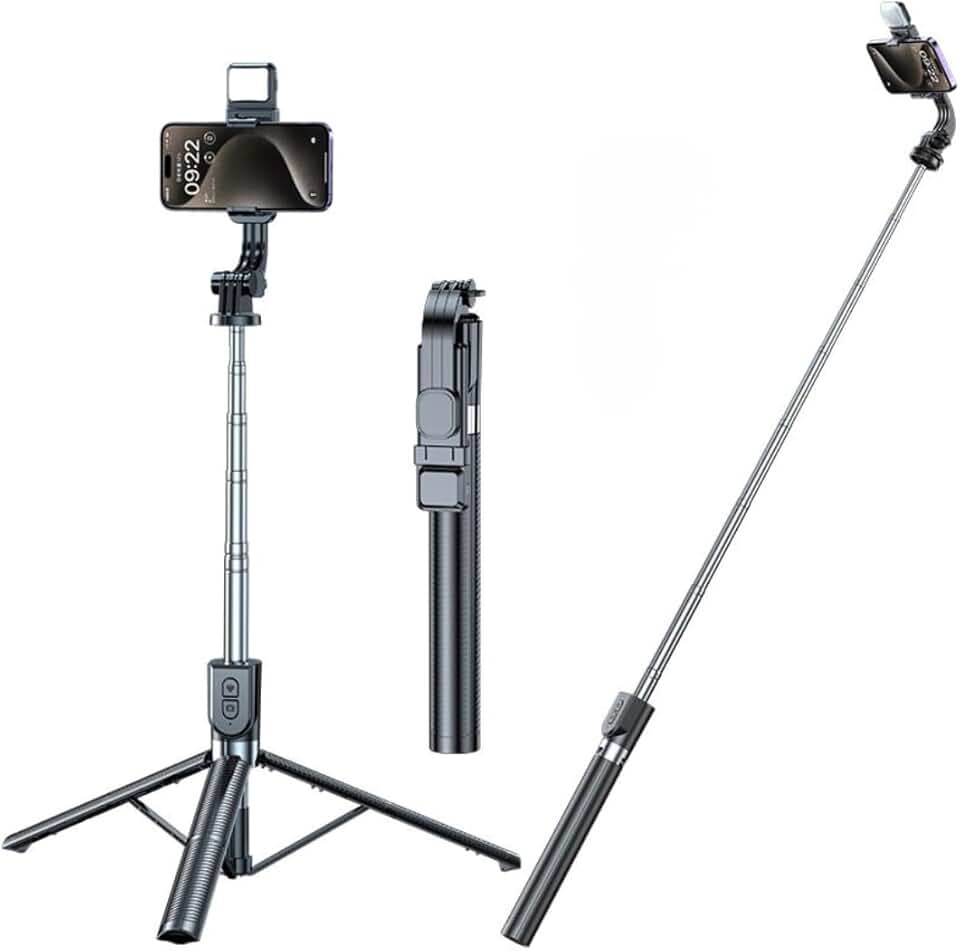 Tripé e Bastão de Selfie 2 em 1 com Controle Remoto Bluetooth – Extensível até 1,70m, Aço Inoxidável, Rotação 360°, Tripé Dobrável, Ideal para Celulares, Viagens e Vlogs – Preto