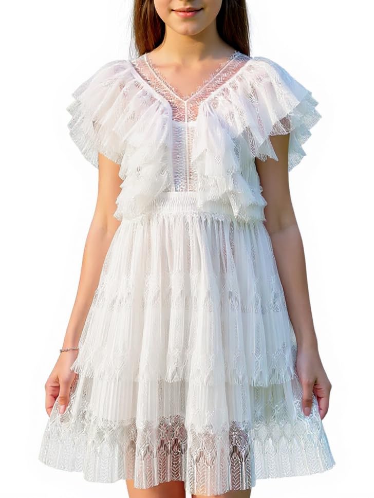 New 3-14Years Girls White Lace Dress Ruffle Sleeve Tiered Soft Lined Party Summer Formal