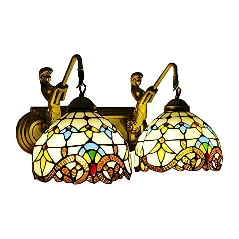 Tiffany Wall Sconce Lighting with Mermaid 2-Light Antique Wall Light Fixture Stained Glass Bowl Shade Bronze Finish Retro Vintage Wall Lamp for Bedroom Hallway Stairway Balcony Bathroom (Yellow) Cover