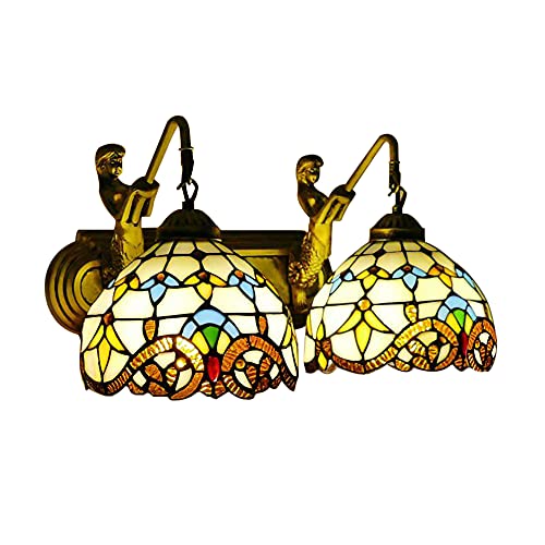 Image of Wall Sconce Vintage Style Stained Glass Bowl Wall Fixtures 2-Light Wall Light in Antique Brass with Mermaid for Bedroom Hallway Stairway Balcony