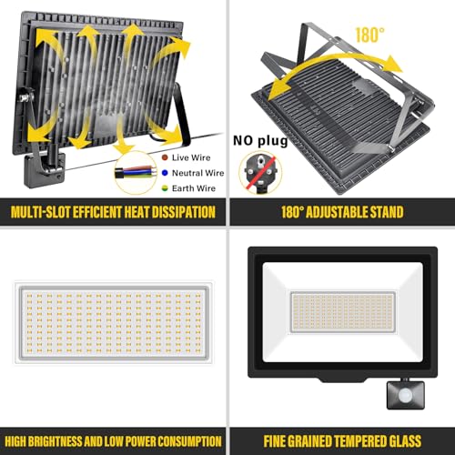 RIGIDON 2 Pcs PIR Motion Sensor Outdoor Security Light, 150W 15000 Lumens Outside Led Floodlight - Image 3