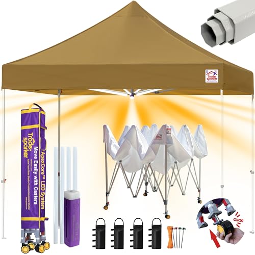 Image of Tradesparker 10x10 Pop Up Canopy Tent,Commercial Movable Canopy with ApexCore LED&Rugged Casters-Instant Easy Setup Shelter Canopies with Weight Bags&Stakes for Outdoor Events Markets Vendors,Khaki
