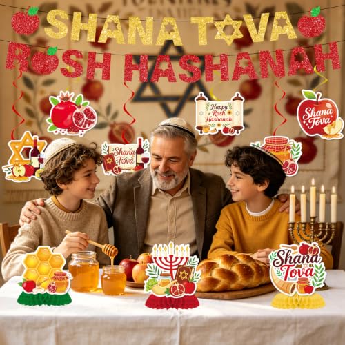 Image of Gameza Happy Rosh Hashanah Decorations - 11PCS Rosh Hashanah Glitter Party Banners Hanging Swirls Honeycomb Centerpieces, Shana Tovah Jewish New Year Festival Holiday Party Supplies Decor