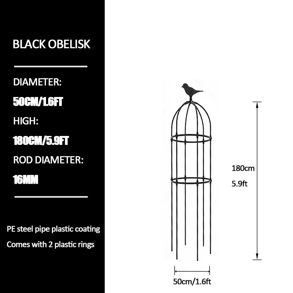 Obélisque de Jardin en métal pour Plantes grimpantes, Forme Cage à Oiseaux, Hauteur 180/230/280/330 cm, diamètre 50 cm (Couleur : Noir, Dimensions : H 180 x P 50 cm)