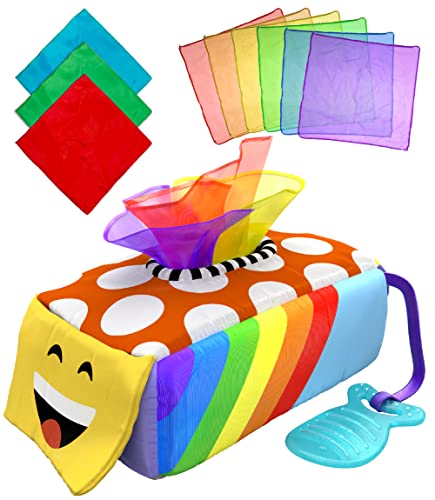 Image of Montessori Tissue Box Sensory Toy for Baby Toddler, Pull, Sort, Crinkle, Colors and Patterns - Gift for 6 Months+, 1 2 3 Years
