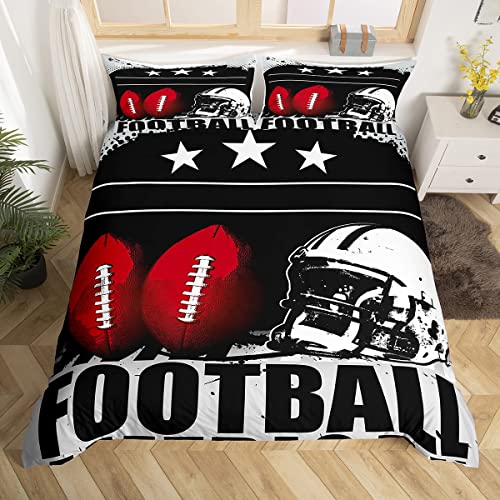Football Duvet Cover Sports Bedding Set Soccer Ball Black White Red Comforter Cover for Boys Girls Children Teens Bedroom Decor 3D America Football Bedspread Cover Queen Size With 2 Pillow C