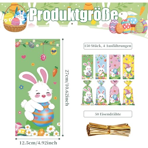 150 Stück Cellophantüten Ostern Mit 150 Bindedrähte - 4 Designs Geschenktüten Ostern, Plätzchen Tüten, Ostertüten Zum Befüllen, Osterkörbchen Für Süßigkeiten & Geschenke - Osternester Zum Befüllen