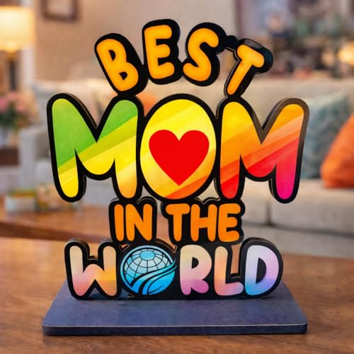 Image of Best Mom in The World Acrylic Table Frame Multicolor Printed Decorative Showpiece Wooden Base Gift for Mother Mom Birthday Gift Home Decor 6.5x6 Inch