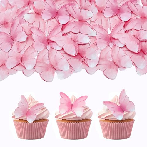 52 pieces edible wafer paper butterfly cake decoration, suitable for weddings, birthdays, Christmas parties to decorate cookies, donuts, cocktails, cupcake tops (Watercolor pink)