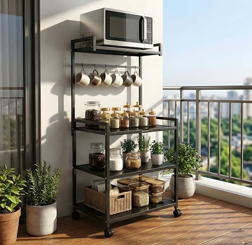 Image of 4 Tier Heavy Duty Microwave Stand with Wheels | Metal Kitchen Appliance Rack for Oven, OTG, Air Fryer | Storage Organizer Trolley (MS 4 Black)