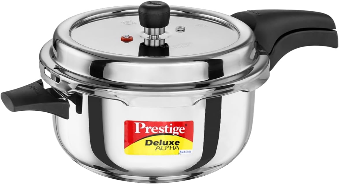 Prestige 5L Deluxe Alpha Svachh stainless steel Pressure Cooker|Outer lid|Ideal for 5-7 persons|Deep lid for spillage control|Gas & induction compatible|Silver