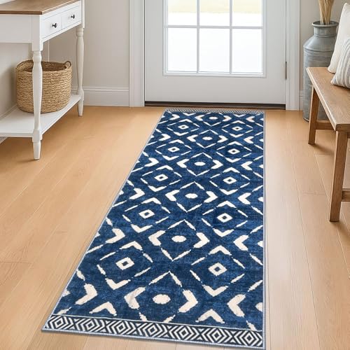 KILOCOCO Kitchen Runner Rug Washable Runner Rug Soft Hallway Runners Non Slip Printed Distressed Laundry Room Rugs, Low-Pile Runners for Entryway/Bedroom/Kitchen/Living Room, 2x5 Blue