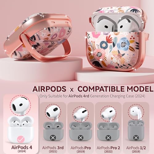 Image of Inesore for AirPods 4 Case Cover 2024 with Lock-Pink Berry Flower | Two-Piece Design,with Gold Keychain & Cleaning Pen,Support Wireless Charging,Cute Luxury Case for Women Girly