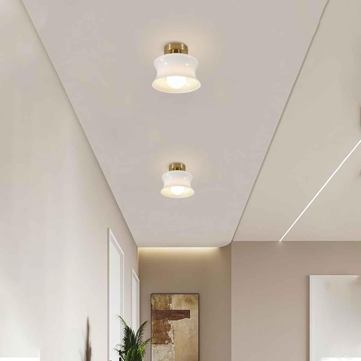 Modern Ceiling Light, Milk Glass E27 Hallway Ceiling Light Fixtures, Semi Flush Mount Vintage Gold Small Ceiling Light, Nordic Bathroom Ceiling Lamp for Bedroom