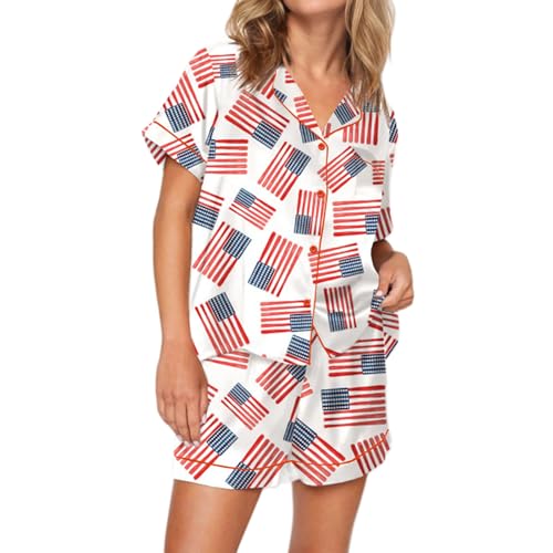 Image of Piacakece 4th of July Women Outfit Short Sleeve Button Shirt Matching Shorts Satin Pajama Sets Women July Fourth Clothes