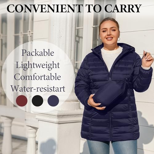Plus Size Puffer Jacket for Women 1X-7X Water-Resistant Packable Winter Coat Mid-length Lightweight Puffer Coat4