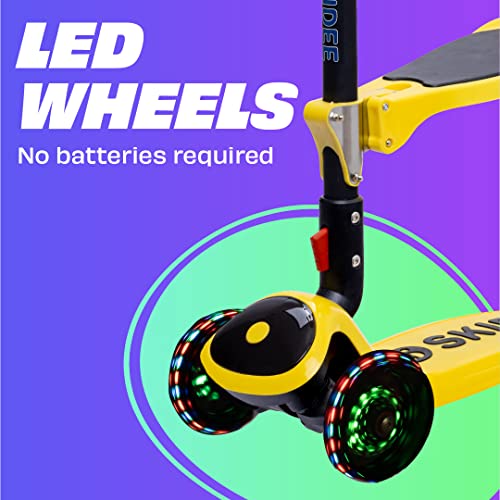 SKIDEE Kick Scooters for Kids Ages 3-5, Adjustable Height Foldable Scooter with Removable Seat, 3 LED Light Wheels, Rear Brake, Wide Standing Board, Suitable Up to 12 Year Old Boys/Girls, Yellow