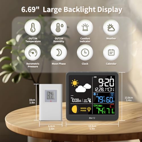 Meesmeek 5298 Weather Station Wireless-Indoor Outdoor Thermometer Temperature Monitor,Hygrometer Humidity Sensor With Rcc Barometric Pressure Moon Phase Atomic Clock Calendar Auto Adjustable Backlight thumb #2