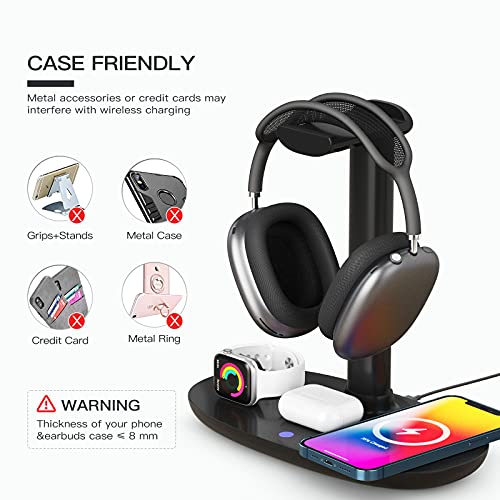 Headphone Stand With 15W Wireless Charger, Suguder 4 In 1 Qi Charging Station Headset Holder For Airpods Max/Pro/2 Iwatch 8/7/6/5/4/3/2/1/Se Iphone 14/13/12/11/Xs/Xr/X/8 Series For Desktop Table Game #TOP4