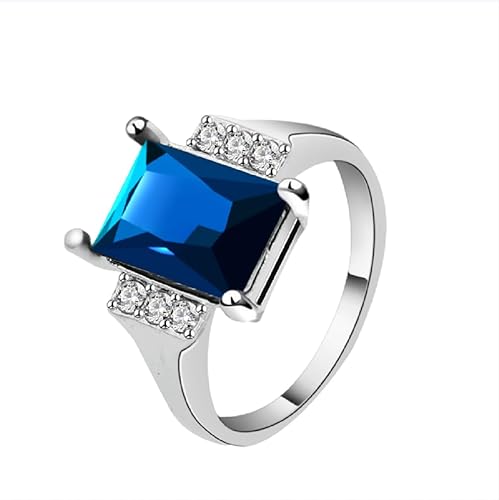 Yuren Anillo de plata de ley 925 con cristal de zafiro azul para mujer, chapado en oro blanco de 10 quilates con topacio de boda y piedras preciosas